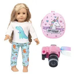 18 Zoll Puppen Dinosauriermuster Top und Hosen Pink Unicorn Muster Rucksack rosa Kamerazubehör für American Girls Doll Set für Kinderspielzeuge