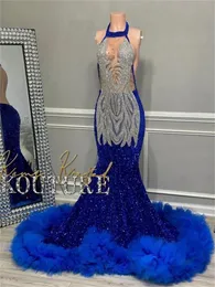 Prom Long Royal Blue Dress for Black Girls 2024 Beaded Crystal Birthday Party Dresses Sequined Evening Gown Robe De Bal es