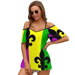 Kvinnors T-skjortor fleur de lis med Mardi Gras färger sexig och klubb mode kvinnlig t-shirt kort ärm från axel dam