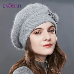 ENJOYFUR Cashmere Beret Hat Female Rabbit Knitted Winter Hats Caps Lady MiddleAged Cap Fashion BowKnot Ball Gorro Warm 240229