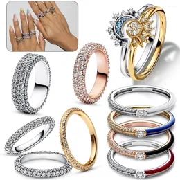 Anéis de cluster lua e sol estrela anel 925 prata moda feminina adequado para mulheres usar espumante coração vermelho festa casamento presentes