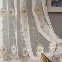 Curtains French Light Luxury Lace Pearl Embroidered Voile Window Screen Tulle Curtain For Living Room Sheer Fabric Custom Made XZH033#40