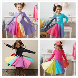 Новые платья для маленьких девочек, модное радужное платье принцессы для девочек, весенне-осеннее хлопковое платье с длинными рукавами и единорогом, детская одежда для банкета