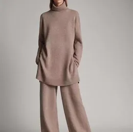 Luxury Two Pieces 45 Cashmere 30 Wool Suits Female Turtleneck Warm Mink Knit Topps Wide Leg Pant Set F688 2111061420033