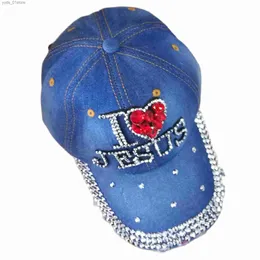 Бейсбольные кепки WJ2381 i красное сердце Иисуса Джинсовая ткань Искусственные камни с блестками Хлопок Бейсбол Cs L240314
