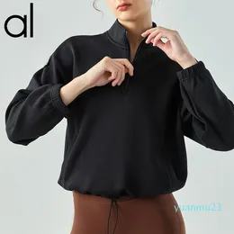 AL Yoga Sweatw Long Sleeved Jacket Coats Pullover Windproof Mock Neck Sweater Air Layer Half Zip Sweatshirts Fitness Tops Womens Loose Casual Slimming