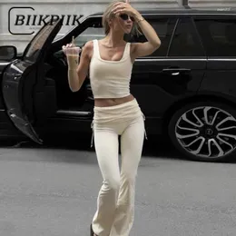 レディースツーピースパンツBiikpiikカジュアル3ピース女性セット簡潔なスーツスモックタンクトップシャーリングフレアファッションスポーティフィットネス衣装