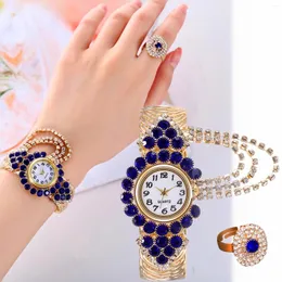 Bilek saatleri moda lüks kadınlar halka elmas 2pcs set bayanlar saat vintage çelik hediye 2024 anillo relogio feminino