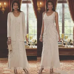 UPS Elegantes zweiteiliges, perlenbesetztes, knöchellanges Hochzeitsgast-Kleid für die Brautmutter mit V-Ausschnitt und Jacke mit langen Ärmeln