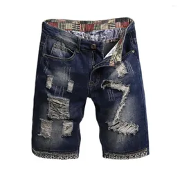 Mäns jeans plus size Men Summer Retro Denim Shorts Mid-Rise Ripped Holes Patch Straight Ben Pockets Beach