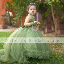 Flicka klänningar grönt blomma flickor klänning tyll bow vita applikationer bröllop prinsessa födelsedagsfest mantel första nattvards prom vestidos para