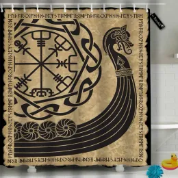 Tende Tenda da doccia vichinga Nave da guerra vintage dei vichinghi Drakkar Antiche rune scandinave e norvegesi Set di decorazioni per il bagno Accessori