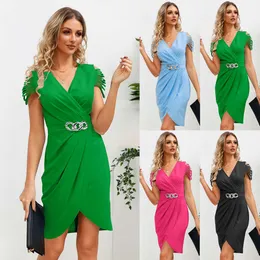 2024 Summer New Pleated Waist V-neck Sleeved Dress Sexy, Elegant, and Elegant Short Skirt for Women