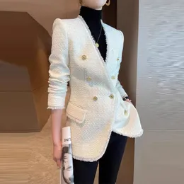 Mode Zweireiher Tweed Blazer Mantel Frauen Französisch Langarm Weiß Outwear Büro Dame Elegante Quaste Patchwork Jacke 240307