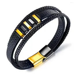 Charmarmband flätade tre lager svarta läder armband män punk smycken tillbehör guld rostfritt stål magnetiskt spänne heren