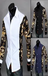 Hela nya 2016 Black and Gold Dress Shirts Barock tryckta White Shirt Men Summer Outfits Camisas Slim Fit Chemise Cheap Clot7811183