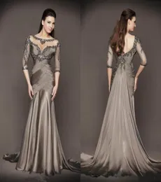 Designer Gray Mermaid Mother of the Bride Dresses 34 Long Sleeve Lace Appliqued Pärlor Veck bröllop Gästklänningar5678642