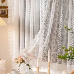 Cortinas brancas transparentes de tule rendas geométricas vazadas cortinas de algodão estrela bordado babados para sala de estar janela voile