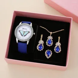 Wristwatches Sdotter Ladies Watch Diamond Blue Butterfly Dial Quartz Sapphire Necklace Ring Earrings Watches Women Relojes Para M