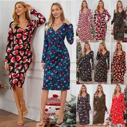 Weihnachtsbedrucktes schlankmachendes Kleid mit V-Ausschnitt und schmaler Passform für Damenbekleidung im Herbst und Winter in großen Größen