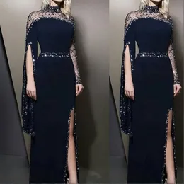 2024 High Neck Navy Blue Evening Dresses Wear Kaftan Dubai Crystal Beaded Long Sleeves 파티 가운 겸손한 로브 드로브 드로이 리 스플릿 댄스 파티 드레스