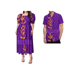 Vestidos de festa na moda personalizado ilhas do pacífico tapa impressão plissado manga em camadas vestido polinésio mulheres roupas combinar camisa masculina