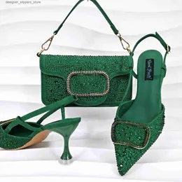 Dress Shoes 2024 New Design Italian Middle Boot Design Green African Womens Shoes and Bag Set Used for Wedding Party Crystal Q240314