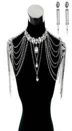 Wedding Bridal Dresses Epaulet Jacket Crystal Rhinestone Silver Necklace Long Shoulder Long Full Body Chain Earrings Jewelry Set1624752