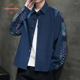 Men's Casual Shirts Chinese Style Shirt Cotton Tang Suit Hanfu Retro Printed Patchwork Lapel Zen Clothes Harajuku Tops Men Clothing