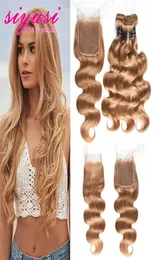 Malaysian Body Wave Human Hair 34 Bundles With Closure 100 27 Honey Blonde Unprocessed Virgin Hair Extensions With Body Wave La3074932