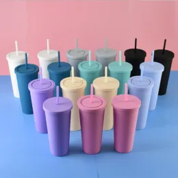 UPS 22oz Renkli Akrilik Kupalar 700ml Plastik Tumbler Kapaklı Pipetler Çift Duvar Mat Plastik Tumbler Yeniden Kullanılabilir Kupa Z 3.14