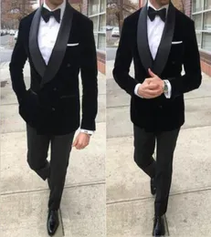 Men039S بدلات Blazers Black Velvet Prom Men لحضور حفل زفاف شال بالإضافة إلى حجم العريس Tuxedos 2piece سترة Slim Fit Te2674622