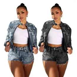 Women's Tracksuits 2024 Spring Denim Embroidery Set Long Sleeve Jacket And Bodycon Mini Shorts Suit Two 2 Piece Sets Outfits