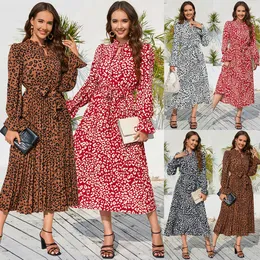 2024 Autumn/winter Women's Wear New Slim Fit Style Leopard Pattern Standing Neck Lace Up Pleated Casual Mid Length Dress