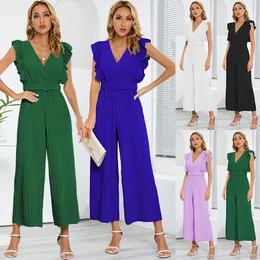 New Sexy Slim Fit Temperament Jumpsuit High Waist Sleeveless Ruffle V-neck 100 Pleated Wide Leg Skirt Pants for Women