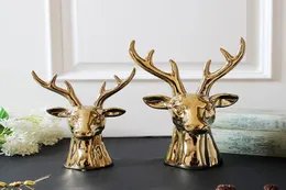 Nordic Gold Deer Head Figurine in ceramica per la decorazione domestica Ufficio Bar Tavolo da pranzo Accessori per soggiorno Pezzo d'arte da collezione6360252