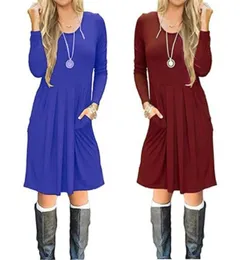 2018 novo 11 cores gola redonda vestidos de moda para as mulheres outono inverno sólido bolso casual vestido feminino topos roupas 1776634