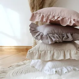 100% Pure Linen Ruffle Throw Pillowcasessoft Bekväm kudde Coverhome Decor Sofa Pillows CoverLiving Room Couch Ornament 240313