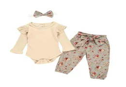Neugeborenes Baby-Kleidungsset, einfarbig, langärmeliger Strampler, Blumendruck, Hose, Schleife, Stirnband, 3-teiliges Säuglingskleidungs-Outfit16985231
