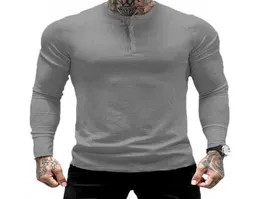 YEMEKE MEN039S Kołnierz guzika Longsleeved Oneck nosić bawełnianą szczupłą koszulę Tshirt Fashion Gyms Ćwiczenie oddychające odzież sportowa 2107696781