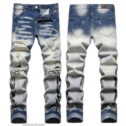 Mens Jeans Europeu Jean Hombre Carta Estrela AM Pequeno Ponto Homens Bordados Patchwork Rasgado Tendência Marca Motocicleta Calça Mens Skinny AM3359 # Tamanho 29-38