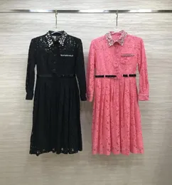 2021 FW BlackPink Lace MidCalf Dress Designer Crystals Lapel Neck Long Sleeves Maxi Dresses Party Gown With Belt Milan Runway Ve9875296