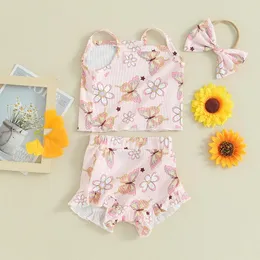 Conjuntos de roupas Bebê Menina Shorts Sem Mangas Floral Borboleta Impressão Camisole Ruffle Headband Roupas de Verão