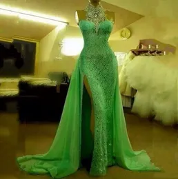 Underbara Green Mermaid Prom Dresses 2018 Shining High Neck Hides aftonklänningar Spets Högdelad formell festklänning Anpassad Made5121241