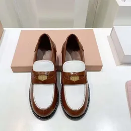 casual shoes loafers Spring miuimiui Autumn British Small Leather Shoes Genuine Leather Color Block Gold Coin Buckle Step Single Shoes Thick Sole Shoes for Women