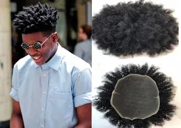 Afro Curly Men Toupee Full Lace Toupee For Men Swiss spets Mänskligt hår TOUPEE REPLASS SYSTEM 8x10 Svart färg Curly Men Hair4454117