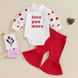 Kläder set citgeespring valentins dag spädbarn baby flickor kläder brev tryck hjärta mesh långärmad röda röda flare byxkläder