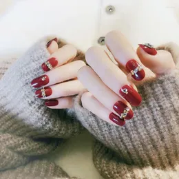 False Nails 네일 아트 24pcs/세트 레드 골드 반짝이 색 컬러 가짜 일본 신부 24pcs 우아한 와인 년