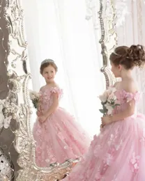 Cute Pink Flower Girl Dress Elegant Off Shoulder 3D Flora Appliques Ruffles Princess A Line Girls Pageant Dress Toddler Children Birthday Party Quinceanear Dress