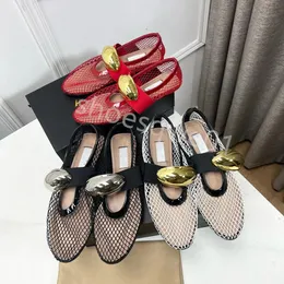 Designer Luxury Shoes Women ballet flats dress shoes hollowed out mesh sandal round head rhinestone rivet buckle Mary Genuine leather Jane shoes loafers with box